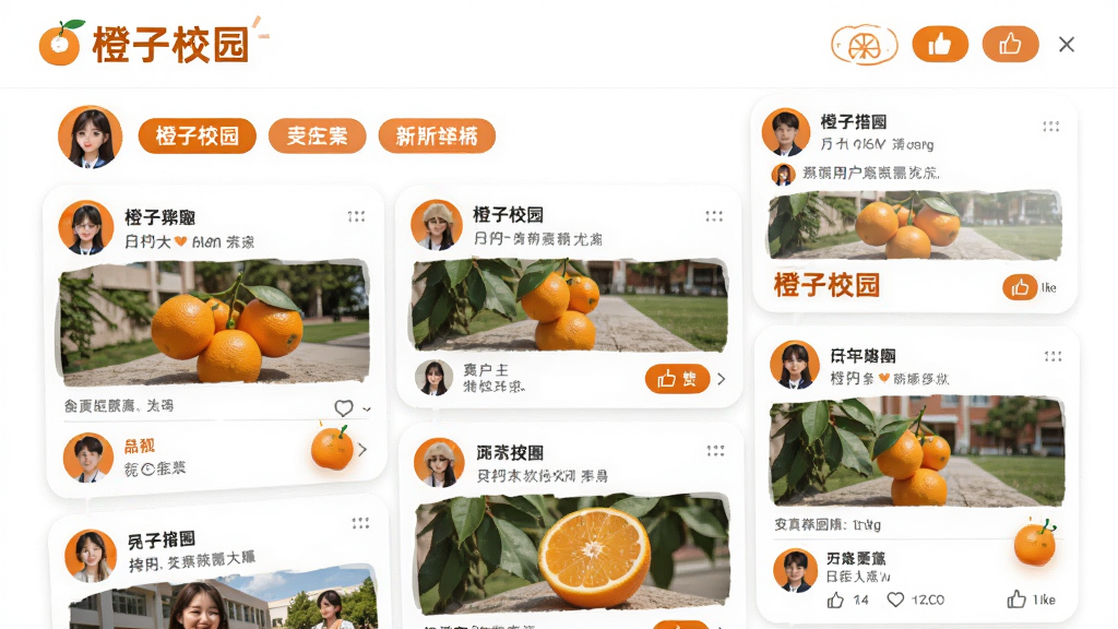 ���������ǡ�����У԰����Ȧ��ҳ�棬չʾ�����Ȥ��ǩ���û���̬����ͷ��ͼƬ�͵��ް�ť�����ֲ����������б���ϣ��Ű���ã�����ഺ���죬ϸ����ʹ�ó�ɫ��Ϊǿ��ɫ������Ϊ��ɫ�����ʸ��壬�ɾ����޶���Ԫ�ء�