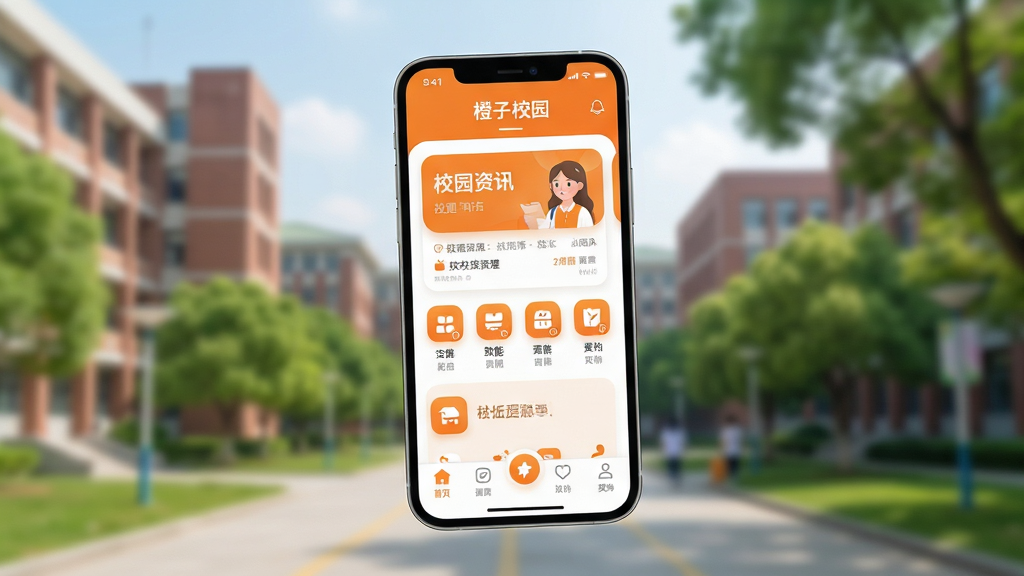 ����������һ�������ֻ�����Ļ��ʾ������У԰��APP����ҳ���棬����У԰��Ѷ��Ƭ������ͼ��͵ײ������������ֲ��þ��й�ͼ���������黯�Ĵ�ѧУ԰�������н�ѧ¥���������Ű����ֻ�΢΢��б����Ļ���������ɼ������Ϊ�ִ��Ƽ���������У԰���ϣ�ϸ����ͼ��Բ��ɫ���Գ�ɫ�Ͱ�ɫΪ�������ʸ��壬�ɾ����޶���Ԫ�ء�