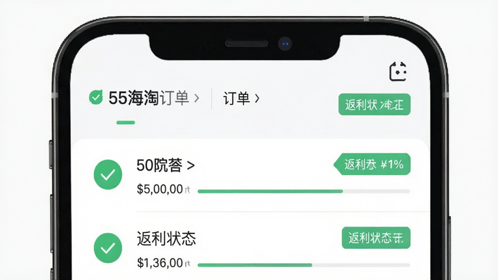 一幅展示55海淘订单追踪功能的界面图,主体是手机屏幕显示订单列表和返利状态标签,布局为上下结构,风格清爽简洁,细节包含绿色对勾图标和进度条,画质高清,干净无多余元素