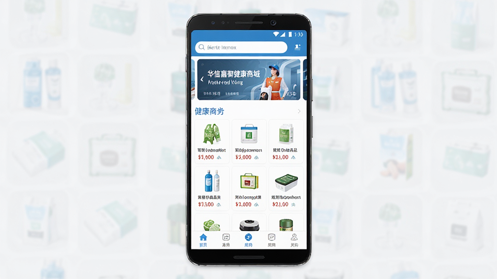 华信嘉御健康商城手机应用主界面预览图,画面中央展示一部安卓手机,屏幕内呈现健康商城首页布局,顶部为搜索栏与轮播横幅,中部为健康商品分类图标网格,底部为导航菜单栏,整体采用清新蓝白配色,风格简洁现代,细节包含商品缩略图与价格标签,画质清晰,干净,无多余元素