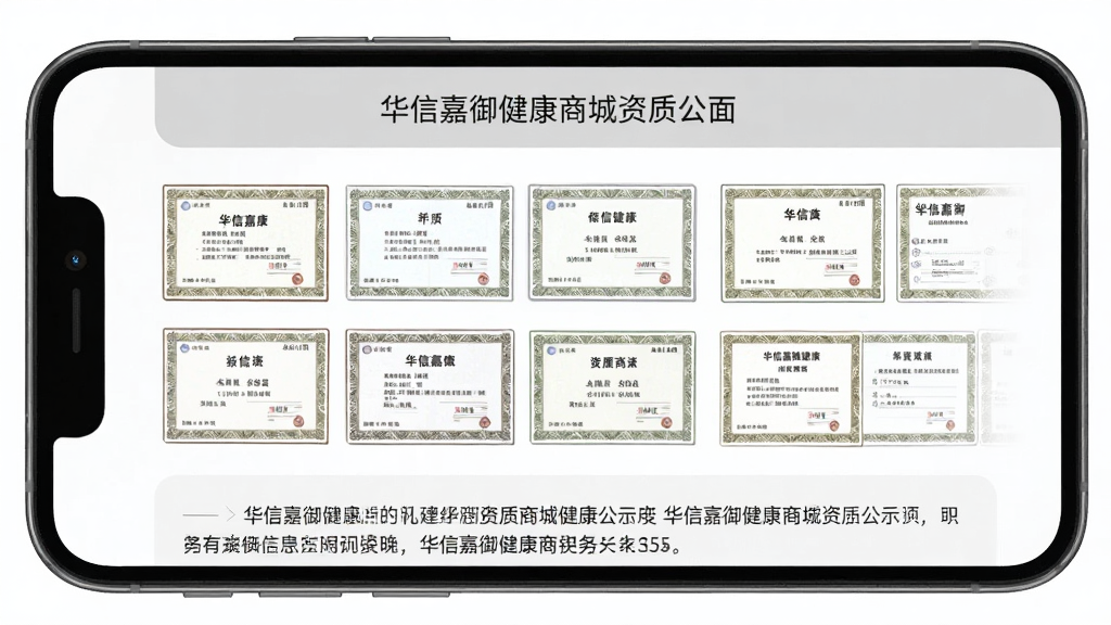 华信嘉御健康商城资质公示页面图,手机屏幕内展示资质证书缩略图与备案信息文字,页面布局规整,顶部为标题栏,中部为证书图片网格,底部为文字说明区域,配色以浅灰与白色为主,风格正式简洁,细节包含证书边框与文字排版,画质清晰,无多余元素