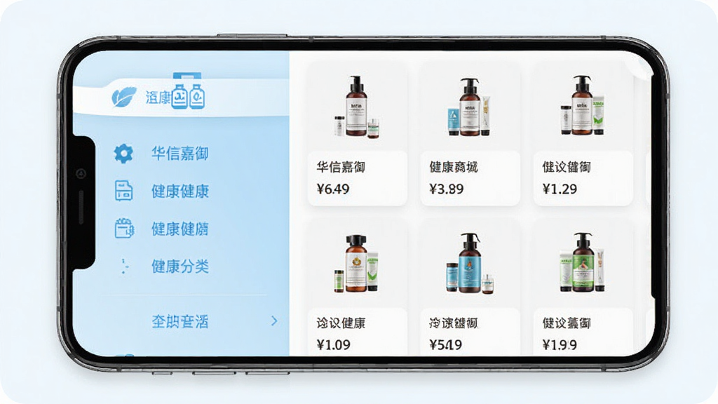 华信嘉御健康商城商品分类页面展示图,画面主体为手机屏幕内的健康商品分类列表,左侧为垂直分类栏,右侧为商品卡片网格,每张卡片包含商品图片、名称与价格,配色以浅蓝与白色为主,风格干净整洁,细节展示分类图标与商品缩略图,画质清晰,无多余元素