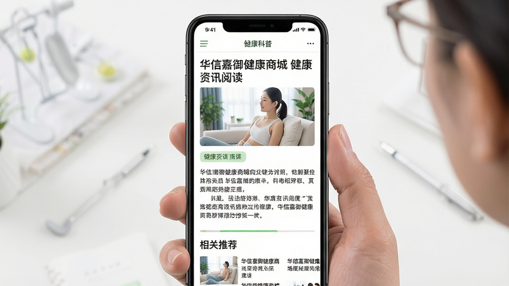 华信嘉御健康商城健康资讯阅读页面图,手机屏幕内展示一篇健康科普文章,顶部为文章标题与配图,中部为正文段落,底部为相关推荐列表,排版疏朗,配色以白底黑字为主,点缀浅绿色标签,风格阅读友好,细节包含文章配图与阅读进度条,画质清晰,无多余元素