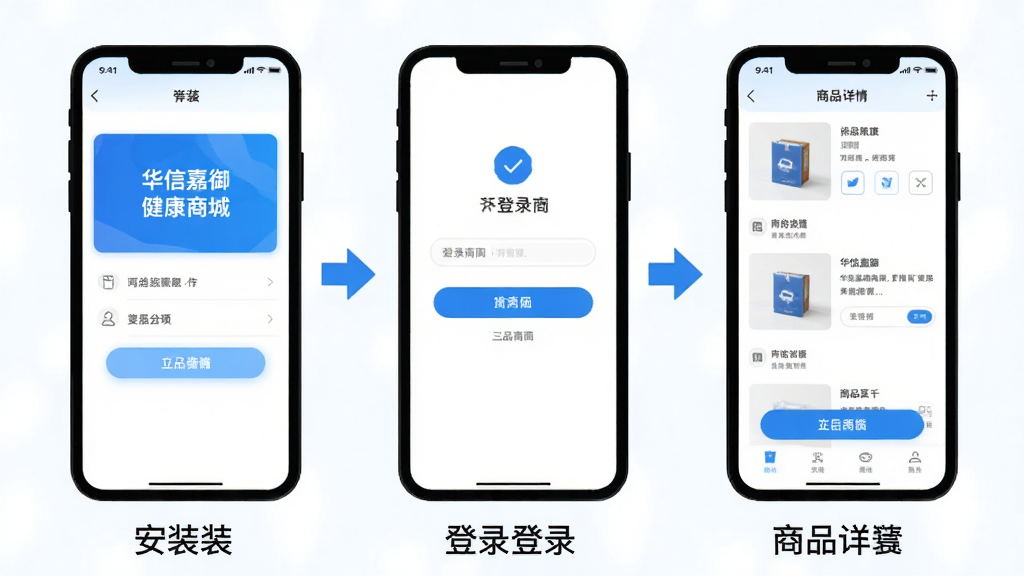 华信嘉御健康商城手机端操作步骤示意图,画面展示三部手机并排,分别呈现安装界面、登录界面与商品详情页,每部手机下方配有简短文字标注,整体风格扁平化,配色以蓝白为主,细节包含按钮高亮与箭头引导,画质清晰,干净,无多余元素
