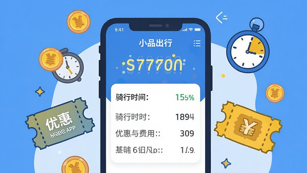 一幅展示小品出行APP计费界面的插画,主体为手机屏幕显示骑行时长与费用明细,布局为手机居中,周围环绕金币、时钟、优惠券等图标元素,风格为扁平化卡通插画,色彩以蓝色和黄色为主,细节包括数字跳动效果、优惠券标签、计时器图标,画质高清干净,无多余元素,画面中文字标注“小品出行”
