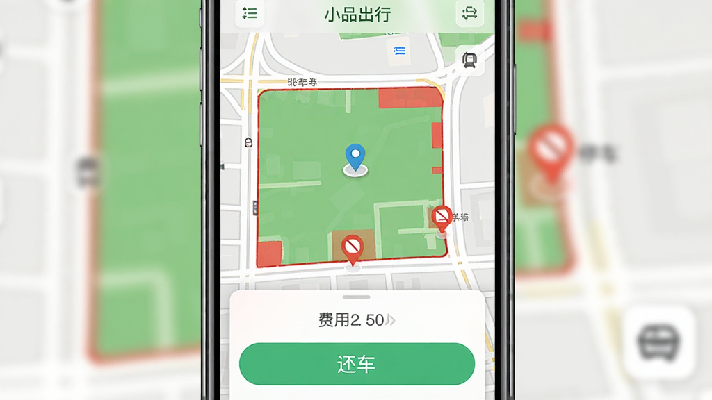 一幅手机屏幕展示小品出行APP还车界面与地图停车点标注的插画,主体为手机居中,屏幕显示绿色停车区域与红色禁停区域,布局为竖版手机特写,风格为写实UI风格,细节包括地图道路、定位图标、还车按钮、费用提示弹窗,画质高清,干净简洁,无多余元素,画面中文字标注“小品出行”