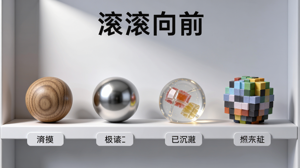 展示一个虚拟陈列架,架子上摆放着不同材质的圆球,包括木纹球、金属球、透明果冻球、像素方块球,每个球体下方有对应的名称标签,背景为柔和的浅灰色渐变,采用产品展示级渲染风格,光线从左上方打入产生自然阴影,画面清晰锐利,排版整齐,无杂乱元素,顶部写有“滚滚向前”标题