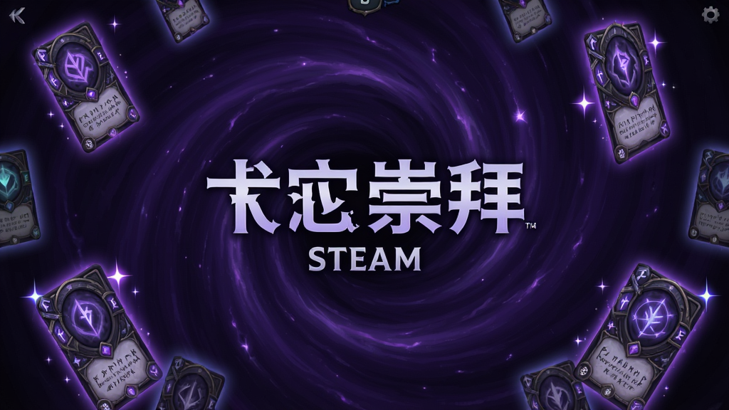 一张暗黑风格的卡牌游戏主界面截图,画面中央展示虚空崇拜(steam移植)的游戏标题,背景是深邃的紫色虚空漩涡,四周漂浮着发光的卡牌,主体位于画面正中央,布局采用居中对称排版,风格为暗黑奇幻数字绘画,细节包括卡牌上的神秘符文和闪烁的星光,画质高清,干净,无多余元素