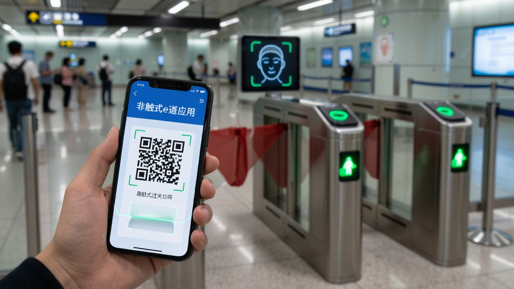 非触式e道应用展示非触式过关流程,主体为香港出入境大堂场景,布局为前景一人手持手机展示二维码,背景为e-道闸机,排版突出非触式e道应用界面,风格写实科技感,细节包含二维码扫描光线、脸部识别框、绿色通行指示灯,画质高清干净无多余元素