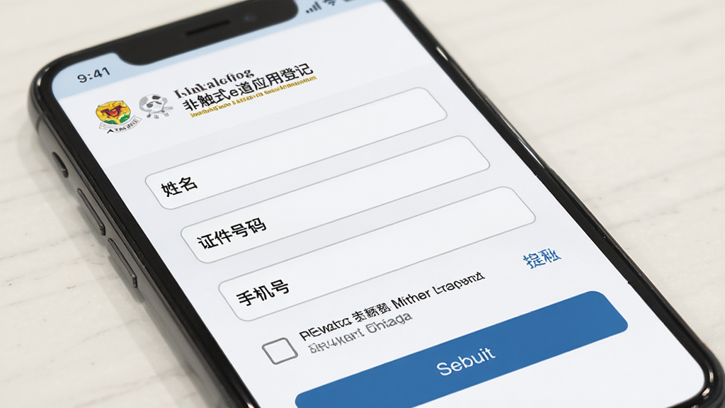 非触式e道应用登记界面展示,主体为手机屏幕显示个人资料填写页面,布局包含姓名、证件号码、手机号码输入框,排版为上下结构,风格简洁官方,细节包含香港入境事务处标志、隐私条款勾选框、提交按钮,画质高清干净无多余元素
