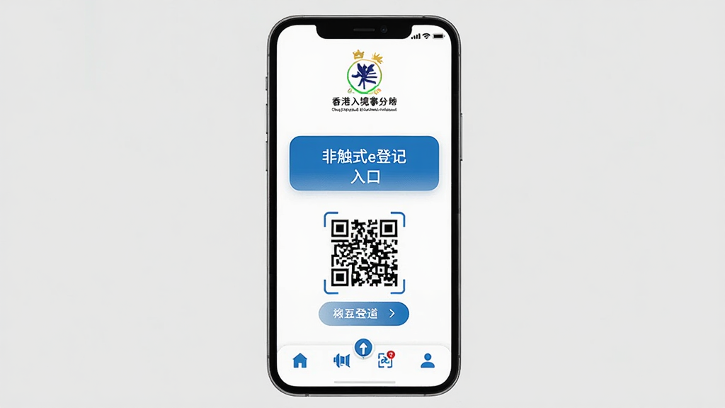 非触式e道手机应用界面展示,主体为一部智能手机屏幕显示香港入境事务处官方应用首页,布局清晰,上方有香港特别行政区政府标志,中间显示非触式e道登记入口和二维码扫描区域,底部有功能导航栏,风格简洁现代官方,细节包含蓝色主色调、白色背景、圆角按钮,画质高清干净无多余元素