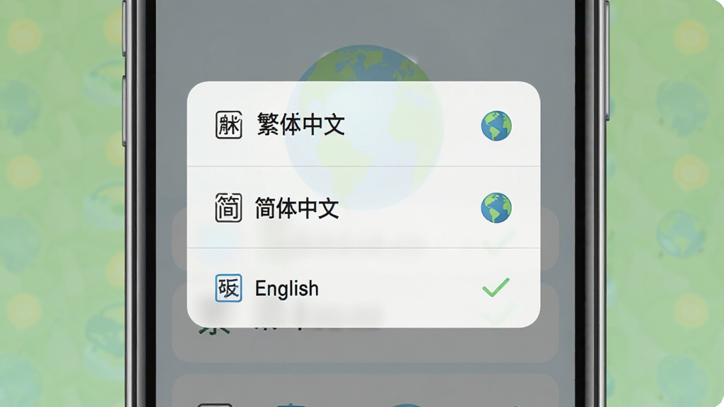 非触式e道应用语言切换界面展示,主体为手机屏幕显示语言选择弹窗,布局包含繁体中文、简体中文、English三个选项,排版为列表形式,风格清新浅色,细节包含勾选标记、地球图标、半透明背景,画质高清干净无多余元素