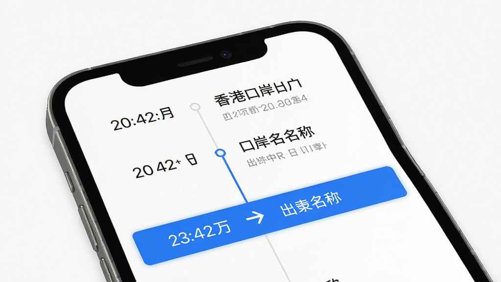 非触式e道应用过关记录页面展示,主体为手机屏幕显示出入境记录列表,布局为时间轴形式,排版左侧显示日期右侧显示口岸名称,风格简约商务,细节包含香港口岸名称、出入境箭头图标、蓝色高亮当前记录,画质高清干净无多余元素