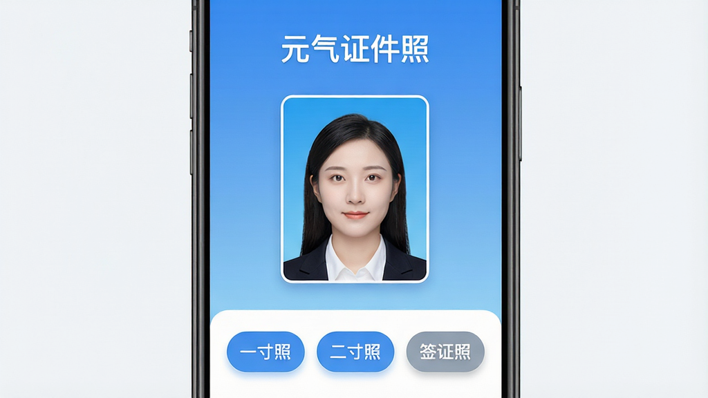 一张手机屏幕展示界面,画面中央是元气证件照应用的主页面,上方显示“元气证件照”文字标题,中间是一张人物证件照预览图,背景为蓝色渐变,下方排列着“一寸照”“二寸照”“签证照”等规格按钮,整体布局简洁清晰,风格为现代扁平化UI设计,细节包括圆形功能图标和柔和阴影,画质为高清2K,画面干净无多余元素
