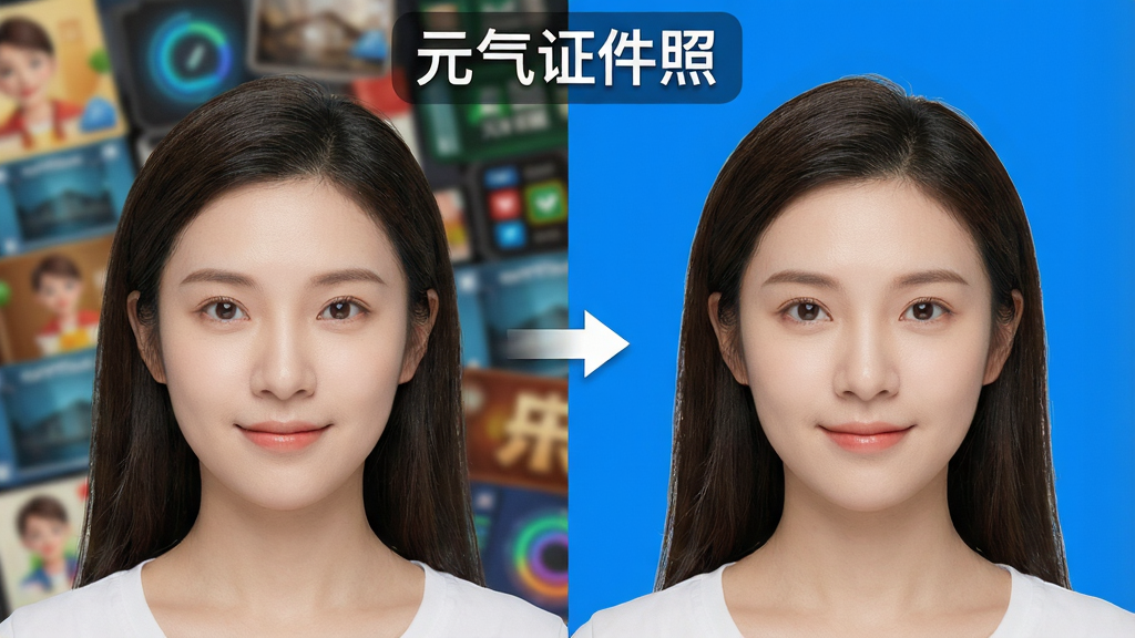 一张元气证件照智能抠图功能展示图,画面左侧是一张带复杂背景的人物原图,右侧是抠图后换上纯蓝色背景的效果图,中间用箭头连接,上方标注“元气证件照”文字,布局为左右对比式,风格为科技感写实,细节包括人物发丝边缘清晰、背景纯净,画质为高清,画面干净无多余元素