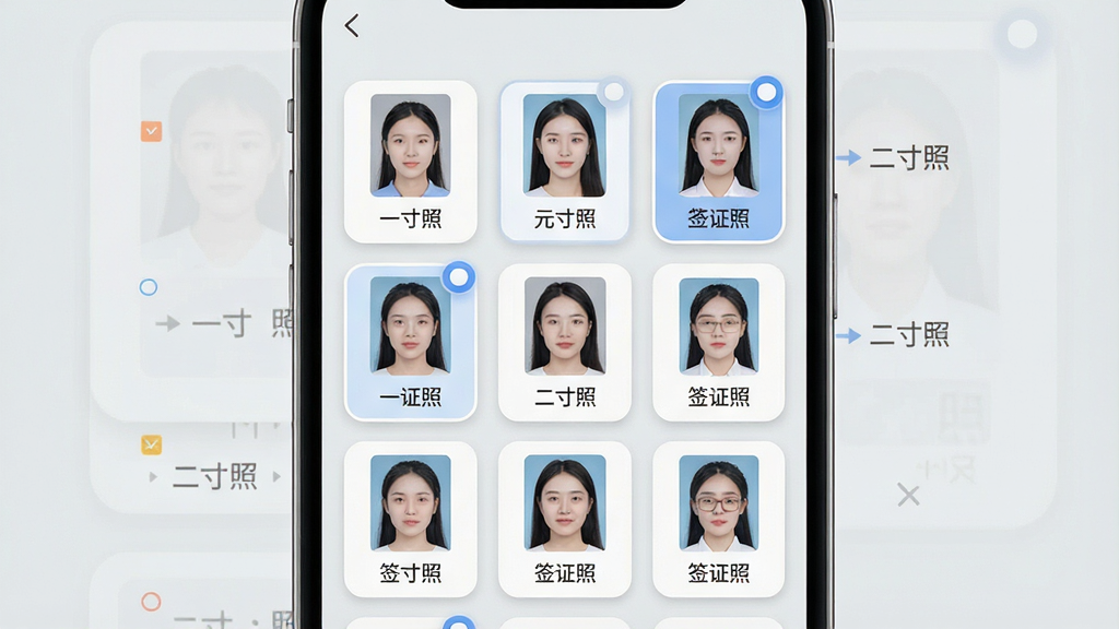 一张元气证件照规格模板选择界面图,画面中央是手机屏幕,屏幕上以网格形式排列着多种证件照尺寸卡片,每张卡片上标注“一寸照”“二寸照”“签证照”等文字,背景为浅灰色,布局整齐有序,风格为清新简约,细节包括卡片圆角设计和选中高亮效果,画质为高清,画面干净无多余元素