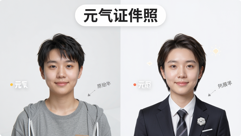一张元气证件照美颜与服装切换功能展示图,画面中是一位人物证件照,左侧显示原始休闲装照片,右侧显示换上西装并开启自然美颜后的效果,上方有“元气证件照”文字标识,布局为左右对比,风格为写实人像,细节包括肤色均匀、服装贴合自然,画质为高清,画面干净无多余元素