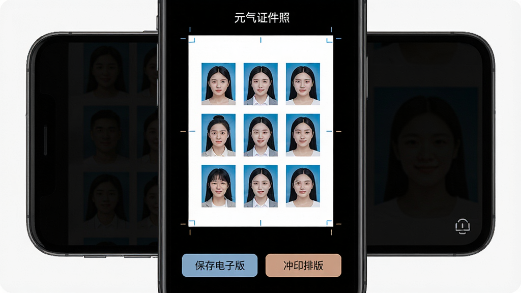 一张元气证件照保存与排版界面图,画面展示手机屏幕上一张排版好的五寸相纸,上面整齐排列着八张一寸证件照,下方有“保存电子版”和“冲印排版”两个按钮,上方标注“元气证件照”文字,布局为居中展示,风格为简洁实用,细节包括相纸白边和裁切标记,画质为高清,画面干净无多余元素