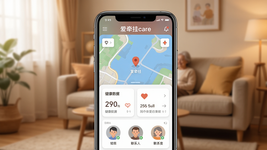 爱牵挂care软件主界面展示,画面中央是一部智能手机,屏幕上显示爱牵挂care应用首页,包含定位地图、健康数据卡片和联系人头像,背景是温馨的家庭客厅,柔和暖色调,扁平化UI风格,细节清晰,文字标注