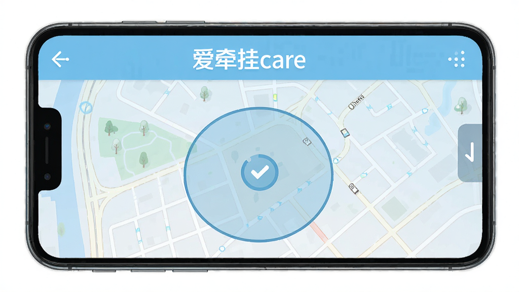 爱牵挂care电子围栏设置界面,手机屏幕显示地图与圆形安全区域,界面有