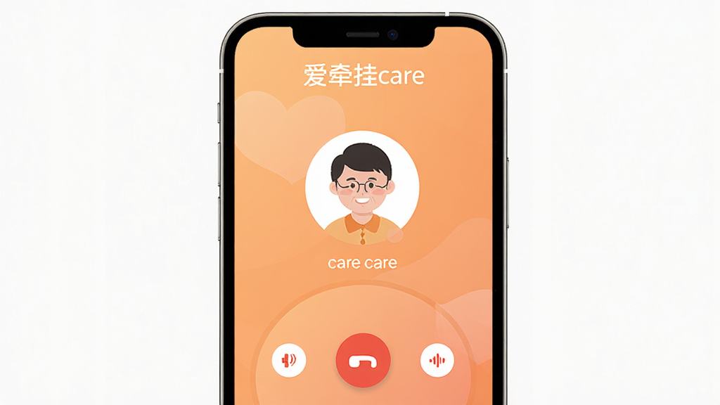 爱牵挂care语音通话界面,手机屏幕显示通话按钮与联系人头像,界面温馨,顶部显示