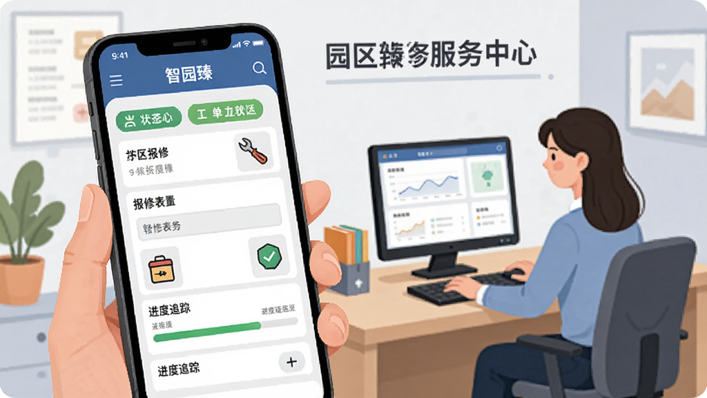 一张展示用户通过手机提交物业报修工单的图片,手机屏幕显示“智园臻”服务界面,有报修表单和进度追踪条。背景是园区物业服务中心场景,有工作人员在电脑前操作。风格为商务插画风,细节包括工具图标和状态标签,画质清晰干净,无多余元素