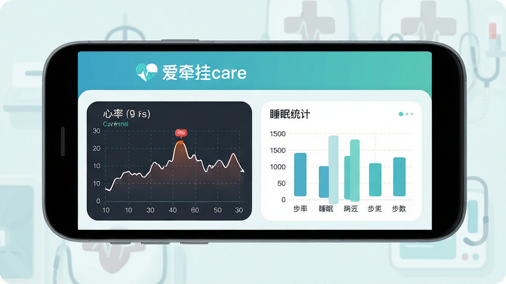 爱牵挂care健康监测数据面板,手机屏幕展示心率曲线图、睡眠柱状图和步数统计,界面配色清爽,顶部有