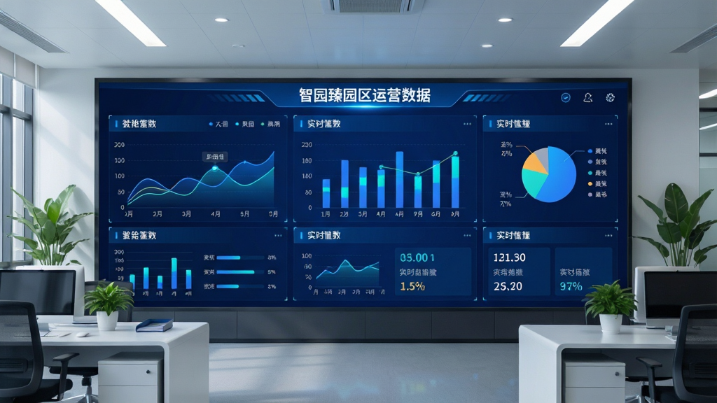 一张展示智园臻数据驾驶舱大屏界面的图片,画面为一块大型显示屏,屏幕上分布着折线图、柱状图、饼图和实时数据卡片,标题为“智园臻园区运营数据”。背景是现代化的指挥中心环境,有办公桌椅和绿植。风格为科技感数据可视化设计,色彩以深蓝和亮蓝为主,细节包括动态数据流和图标,画质高清干净,无多余元素