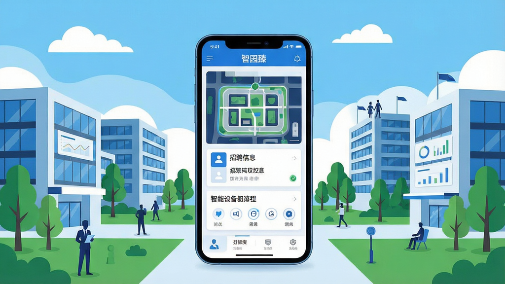 一张展示智慧园区管理场景的图片,画面中央放置一部智能手机,手机屏幕上显示着智园臻软件主界面,界面中有园区地图、招聘信息卡片和智能设备控制面板。背景是现代化的办公园区建筑群,有绿树和蓝天白云。风格为科技感扁平插画风,色彩以蓝色和白色为主,细节包括园区俯视图、数据图表和人物剪影,画质清晰干净,无多余元素,图片中文字标注“智园臻”