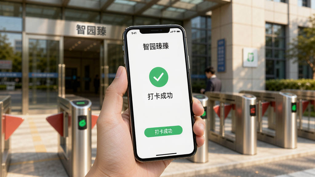 一张展示用户手持手机在园区内使用智园臻打卡的图片,手机屏幕显示打卡成功界面,有绿色对勾和“打卡成功”字样。背景是办公大楼入口和闸机,有阳光照射。风格为写实生活照风格,细节包括手机界面元素和人物手部,画质清晰干净,无多余元素,图片中文字标注“智园臻”