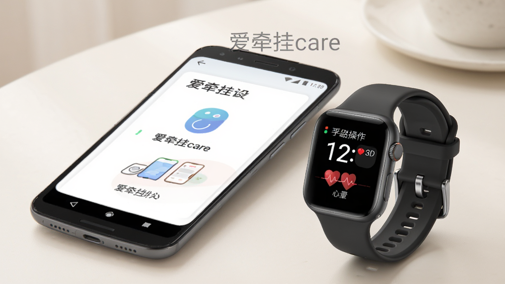 爱牵挂care手机端操作指引图,画面展示一部安卓手机与智能手表并排,手机屏幕显示爱牵挂care绑定设备页面,手表屏幕显示时间与心率,背景为简洁桌面,柔和光线,扁平化风格,文字标注