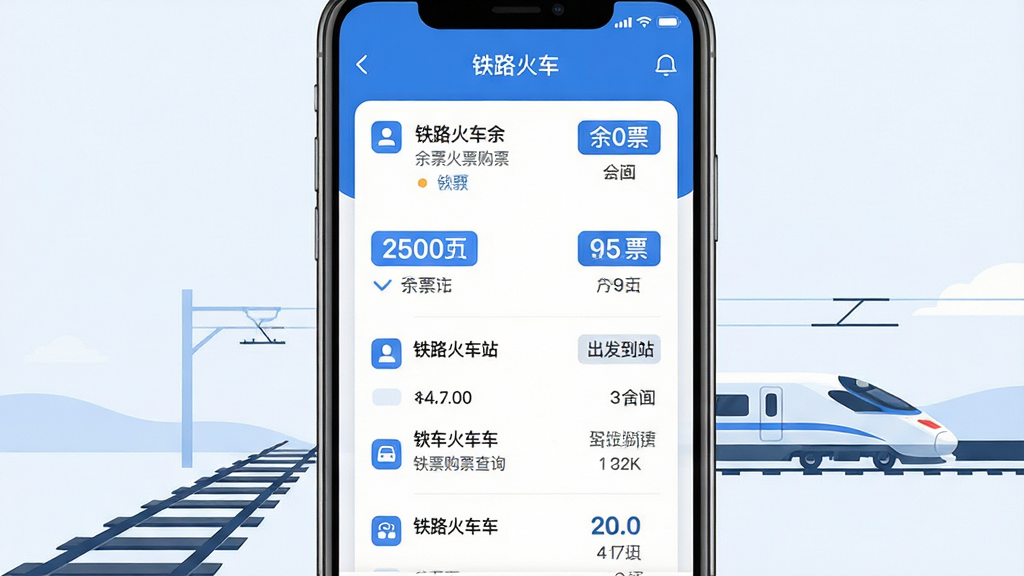 画面主体是一部智能手机正面竖屏展示铁路火车余票购票查询软件的主界面,界面中包含列车车次列表、余票数量标签与出发到达站信息;布局采用居中构图,手机下方放置简洁的铁路轨道与远处高铁剪影作为背景装饰;排版清晰,顶部预留软件名称文字区域;风格为现代扁平化科技风,蓝白主色调,干净利落;细节上界面按钮圆润、图标清晰、余票数字醒目;画质为高清2K,画面干净,无多余元素,图片中文字内容为“铁路火车余票购票查询”。