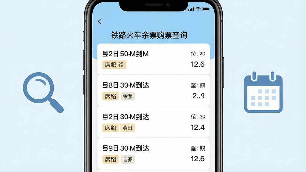 画面主体是铁路火车余票购票查询软件内部的余票查询结果页面,手机屏幕中清晰展示多趟列车的车次、出发到达时间与余票数量;布局为手机居中、左右两侧分别点缀放大镜与日历图标;排版上信息分层明确,车次列表纵向排列;风格为清爽简约的移动端UI风格,浅蓝与白色搭配;细节上每一条车次信息都带有席别标签与余票数字;画质高清,画面干净,无多余元素,图片中文字内容为“铁路火车余票购票查询”。