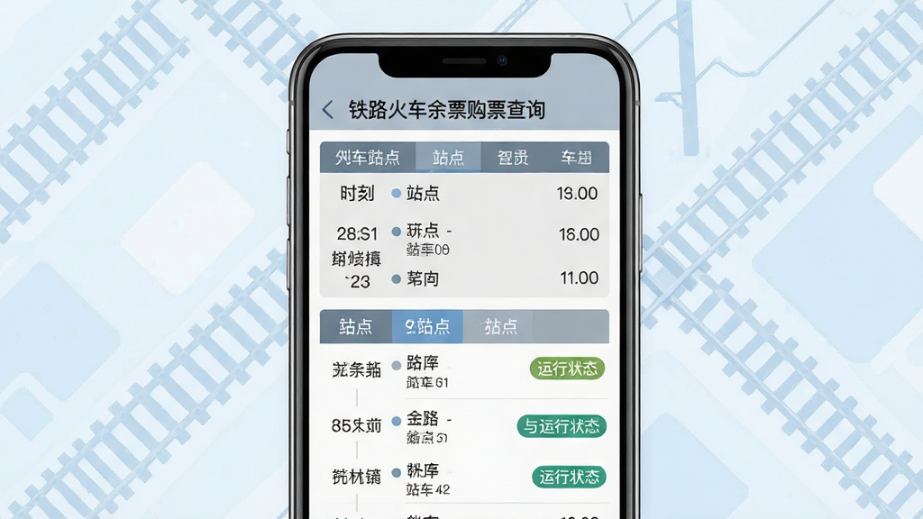 画面主体是铁路火车余票购票查询软件的车次详情页面,手机屏幕中展示列车时刻表、经停站点与运行状态标签;布局为手机居中、背景为淡蓝色铁路线路图纹理;排版上时刻表与站点信息分块展示;风格为极简信息图表风格,灰蓝配色;细节上站点名称清晰、时间标注准确;画质高清,画面干净,无多余元素,图片中文字内容为“铁路火车余票购票查询”。