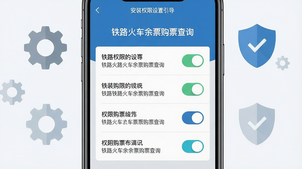 画面主体是铁路火车余票购票查询软件在手机上的安装权限设置引导页面,手机屏幕中显示权限开关与说明文字;布局为手机居中、背景辅以简洁的设置齿轮与盾牌图标;排版清晰,权限条目纵向排列;风格为扁平化安全提示风格,蓝灰配色;细节上开关按钮醒目、文字说明简洁;画质高清,画面干净,无多余元素,图片中文字内容为“铁路火车余票购票查询”。