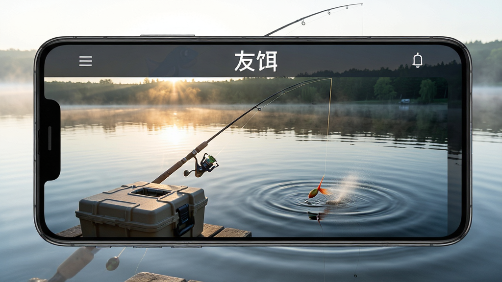 主图展示一部安卓手机屏幕,屏幕中央是友饵软件的主界面,界面顶部显示“友饵”文字标识,背景为清晨湖边钓鱼场景,画面中有钓箱、鱼竿和水面波纹,整体布局采用上下结构,上方为软件界面,下方为实景湖泊;风格为写实科技风,细节包括水面反光、鱼线入水、饵料雾化效果;画质高清,干净,无多余元素
