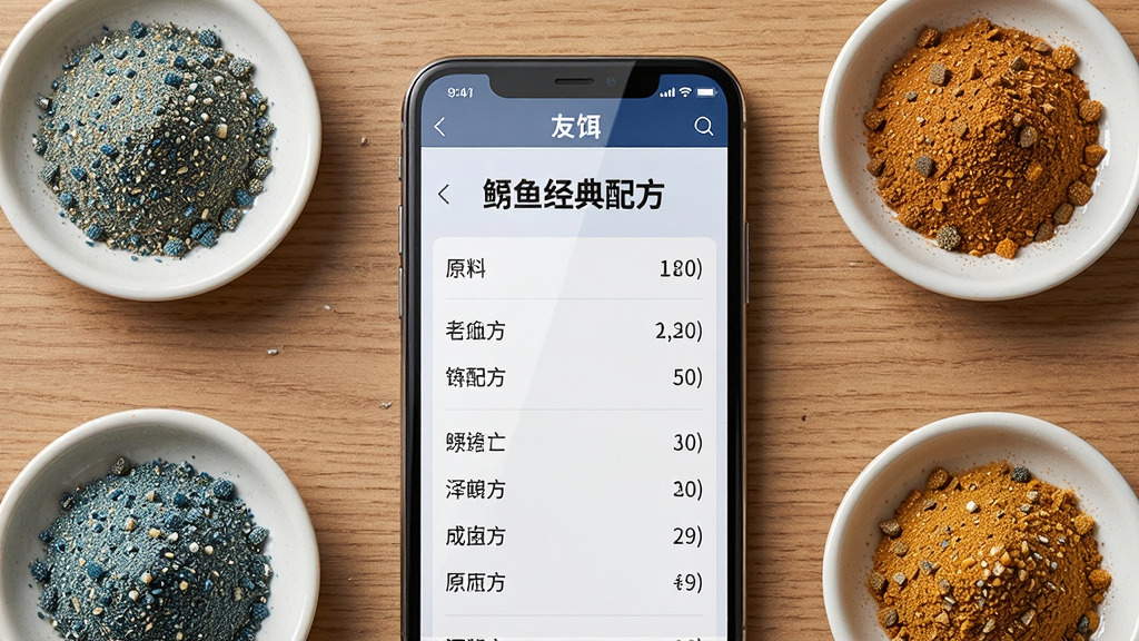 画面中央是一部手机,手机屏幕上显示“友饵”软件中饵料配方详情页,页面标题为“鲫鱼经典配方”,下方列出原料清单和比例数字;手机周围摆放着几个小碟子,分别装着不同颜色的饵料粉末,背景为木纹桌面;风格为产品展示风,布局居中对称,细节包括饵料颗粒质感和手机屏幕反光;画质清晰,干净,无多余元素