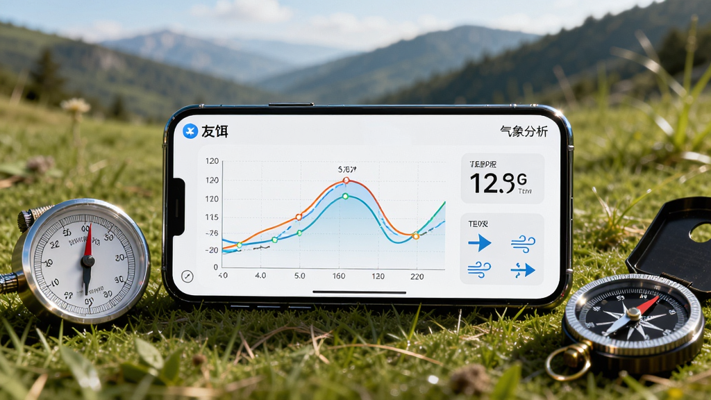 一部手机横向放置,屏幕显示“友饵”软件的气象分析页面,页面中有气压曲线图、温度数字和风向图标;手机旁边放着一个简易气压计和一个指南针,背景是户外草地和远山;风格为户外科技风,布局为手机居中、配件环绕,细节包括屏幕图表的清晰线条和自然光影;画质高清,干净,无多余元素