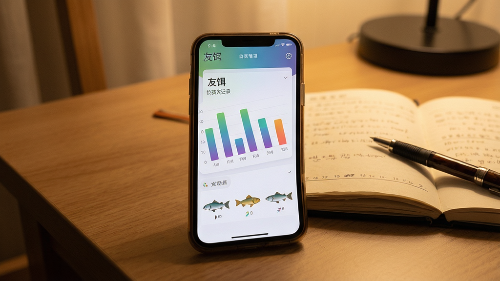 手机屏幕显示“友饵”软件的钓获记录页面,页面中有柱状图和鱼种图标,手机平放在桌面上,旁边有一本打开的钓鱼日志本和一支笔,背景为室内暖光;风格为数据管理风,布局为手机居中、日志本在侧,细节包括屏幕图表的渐变色彩和纸张质感;画质清晰,干净,无多余元素