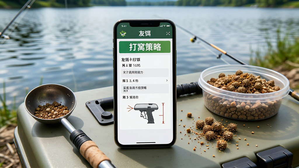 手机屏幕展示“友饵”软件的打窝策略页面,页面上有文字步骤和示意图,手机放置在钓箱上,旁边有打窝勺和窝料盆,背景为水库岸边;风格为写实教学风,布局为手机为主体、钓具为陪衬,细节包括水面波纹和饵料散落效果;画质清晰,干净,无多余元素