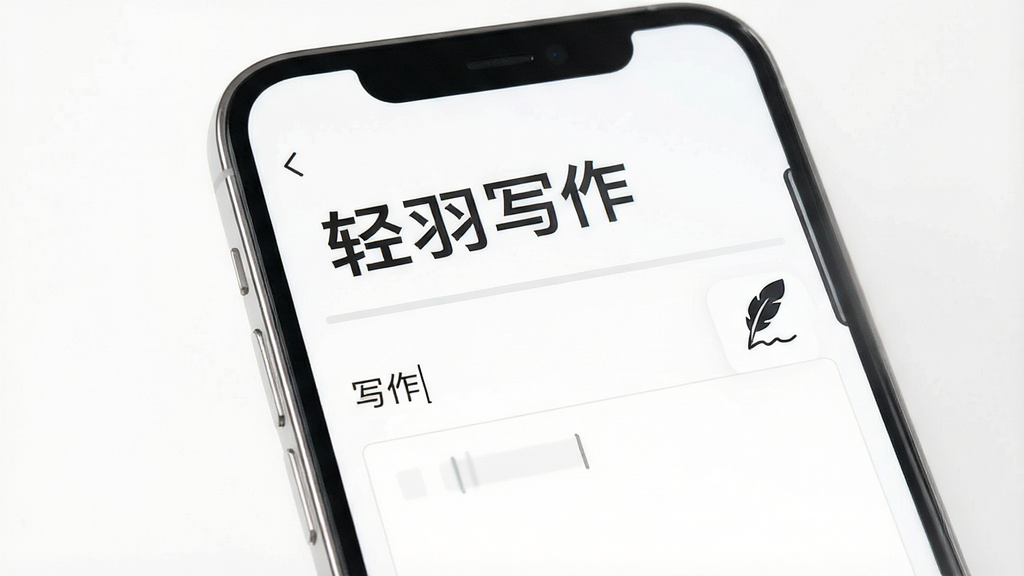 一张展示轻羽写作软件主界面的高质量预览图,画面中央是一部现代智能手机,屏幕上显示着极简风格的写作应用界面,背景为纯白色,界面上有“轻羽写作”四个中文字,下方是整齐的文字输入区域,右侧有悬浮的羽毛笔图标,整体布局干净利落,风格为现代科技简约风,细节包括清晰的文字排版和柔和的浅灰色分割线,画质高清,画面干净,无多余元素