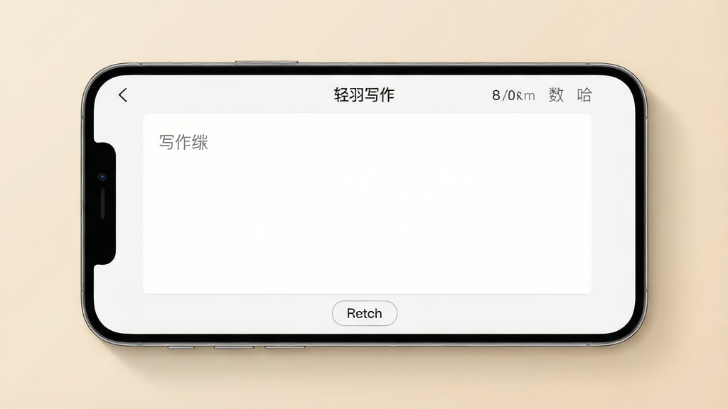 一张展示轻羽写作沉浸模式界面的高质量预览图,画面主体为一部手机横屏放置,屏幕中央是大面积留白的写作区域,顶部仅显示“轻羽写作”字样和字数统计,底部有极简的返回按钮,背景为柔和的米黄色护眼底色,风格为清新极简风,细节包括细腻的文字边缘和干净的光影,画质高清,画面干净,无多余元素