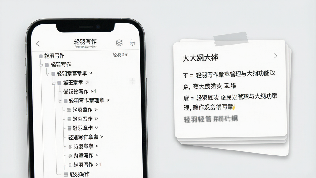 一张展示轻羽写作章节管理与大纲功能的高质量预览图,画面中手机屏幕左侧显示树状章节列表,右侧显示大纲便签卡片,界面中有“轻羽写作”标识,背景为浅灰色,风格为素雅极简风,细节包括清晰的层级线条和卡片阴影,画质高清,画面干净,无多余元素