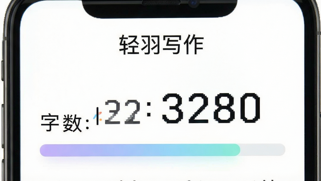 一张展示轻羽写作字数统计与目标进度功能的高质量预览图,画面中手机屏幕底部显示“字数:3280”和进度条,顶部有“轻羽写作”字样,背景为纯白色,风格为现代简约风,细节包括清晰的数字字体和柔和的进度条渐变,画质高清,画面干净,无多余元素