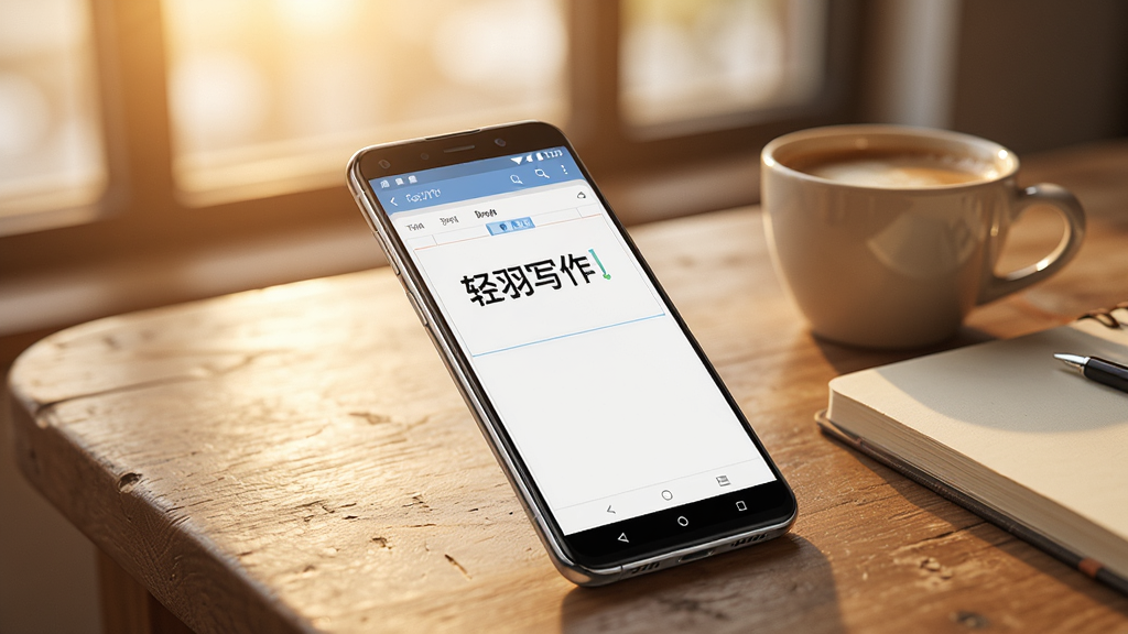 一张展示轻羽写作在手机上稳定运行的高质量预览图,画面中一部安卓手机放置在木质桌面上,屏幕显示轻羽写作编辑界面,旁边有一杯咖啡和笔记本,背景为温暖的室内光线,风格为生活场景风,细节包括手机边框的反光和桌面纹理,画质高清,画面干净,无多余元素