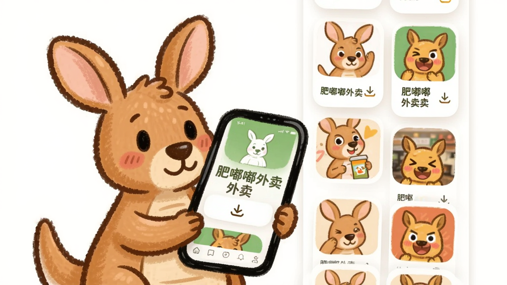 一只卡通袋鼠形象双手捧着手机,手机屏幕显示