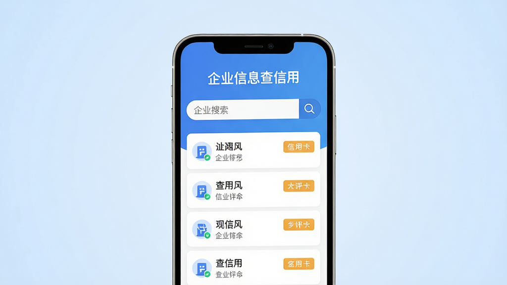 主体为一部智能手机,屏幕显示企业信息查信用应用的主界面,界面中包含企业搜索框和企业列表;布局为手机居中放置,背景为简洁的浅蓝色渐变;排版为竖版构图,手机略微倾斜展示;风格为现代科技感扁平化设计;细节包括搜索框内有放大镜图标,列表项显示企业名称和信用评分标签,应用名称“企业信息查信用”以白色字体显示在屏幕顶部;画质为高清4K,干净整洁,无多余元素