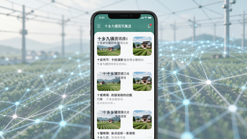十乡九镇资讯推送功能界面,手机屏幕显示着乡镇新闻列表,标题醒目,配有缩略图,背景是抽象的乡村网络连接图,风格现代简约,布局清晰,细节精致,画质高清,干净无多余元素。