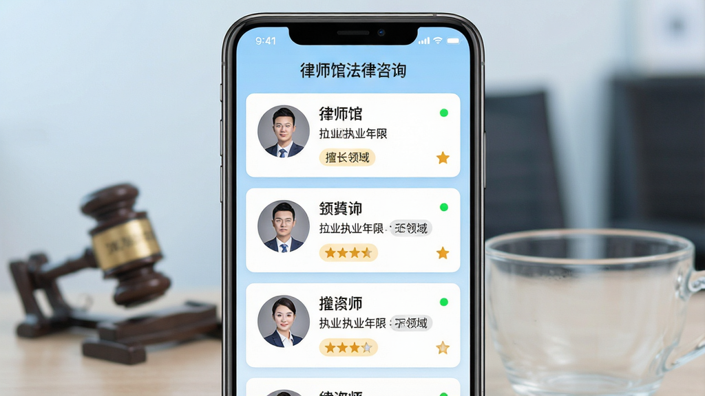 一张展示律师馆法律咨询在线律师快速匹配功能的图片,主体是手机屏幕显示律师列表页面,每位律师卡片包含头像、姓名、执业年限和擅长领域标签,布局为纵向列表排列,背景为浅蓝色渐变,风格为清新商务风,细节包括律师在线状态小绿点和评分星级,画质清晰干净,屏幕上方有“律师馆法律咨询”文字