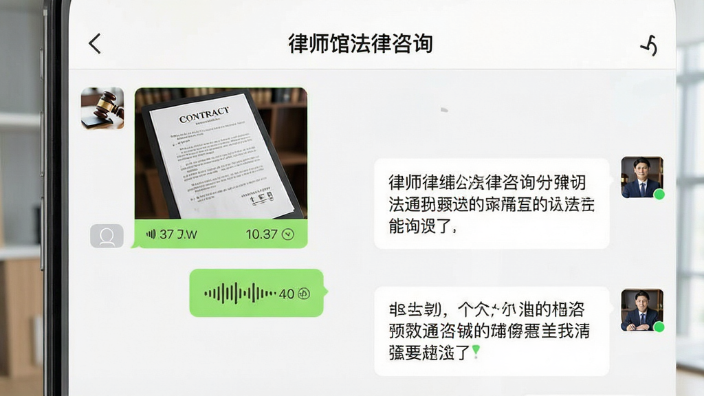 一张展示律师馆法律咨询多形式沟通功能的图片,主体是手机聊天界面,左侧显示用户发送的合同照片和语音消息气泡,右侧显示律师回复的文字建议,布局为上下排列的对话流,风格为现代社交软件风格,细节包括图片缩略图、语音时长标识和已读状态,画质清晰干净,界面顶部有“律师馆法律咨询”标题